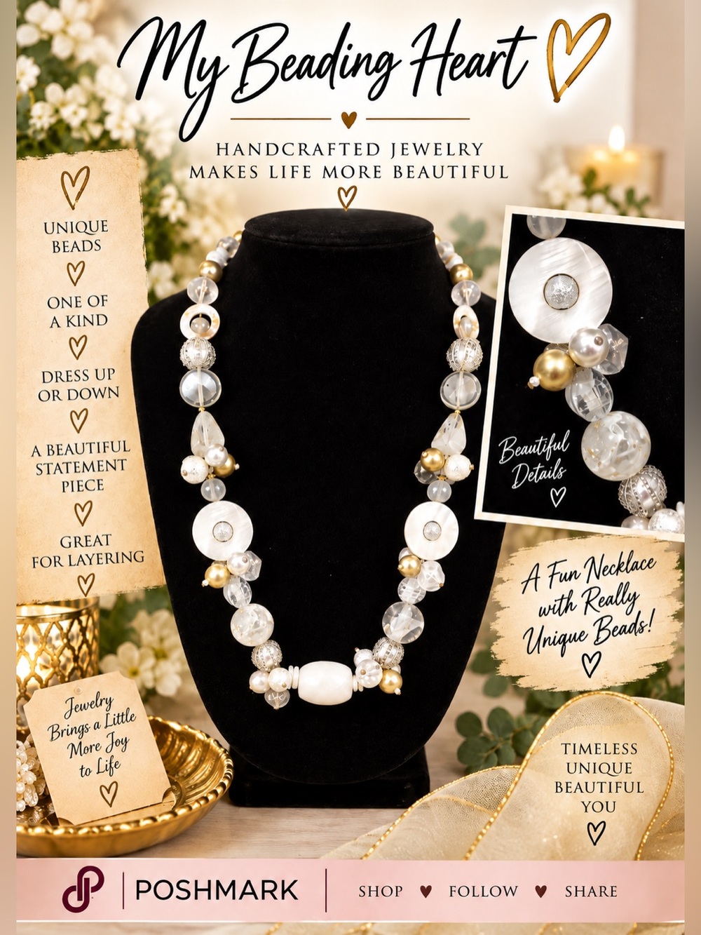 Elegant White and Gold Bead Statement Necklace
